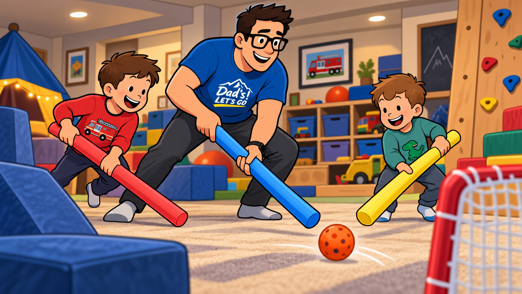 Dad playing an active indoor game with two young kids using pool noodles in a playroom.