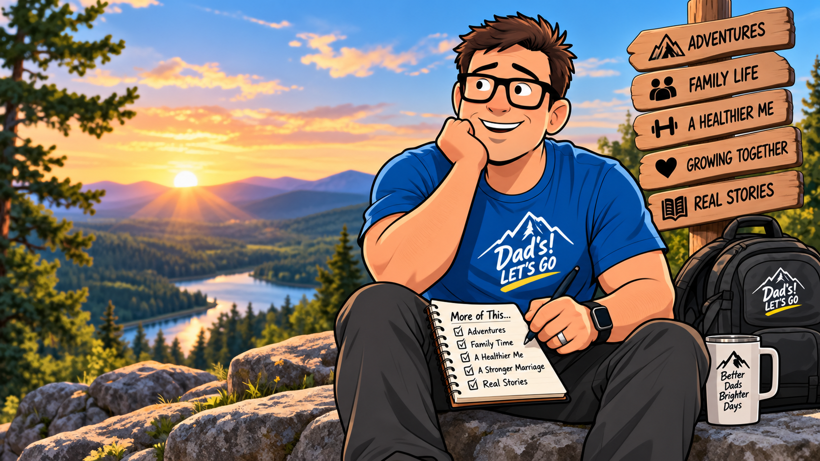 Illustration of Let’s Go Dad sitting on a rocky overlook with a notebook, reflecting on family, health, growth, and future adventures.