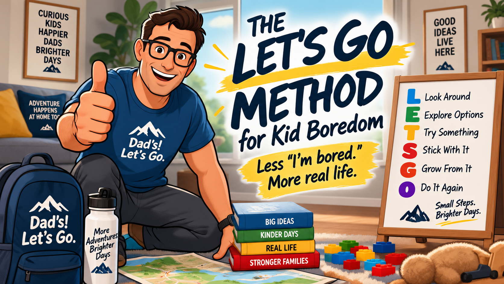 Illustration of Let’s Go Dad introducing the LET’S GO Method for kid boredom in a family playroom, with the six steps displayed beside him.