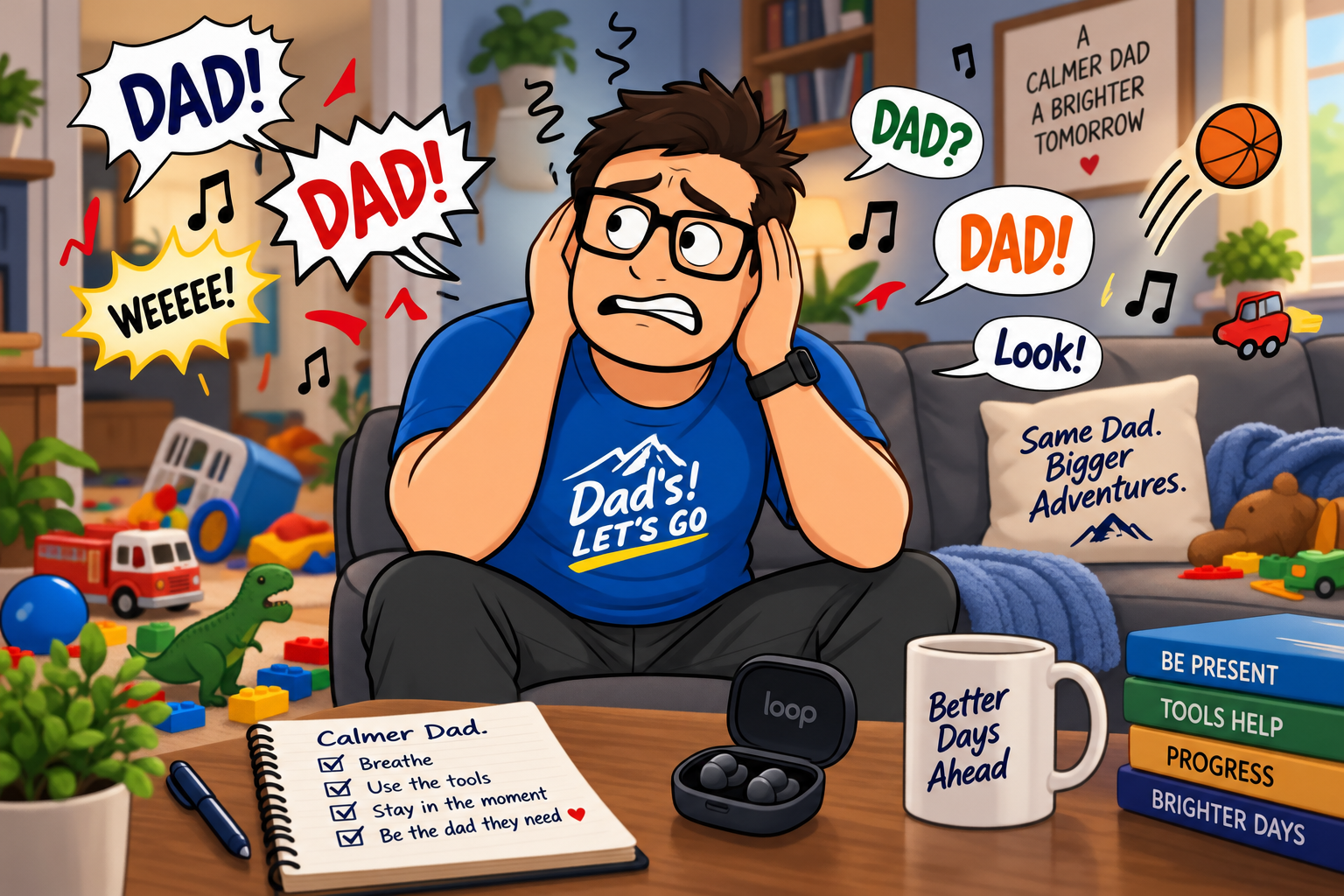Illustration of Let’s Go Dad becoming overwhelmed by household noise and using earplugs to manage sensory overload while staying present with his kids.