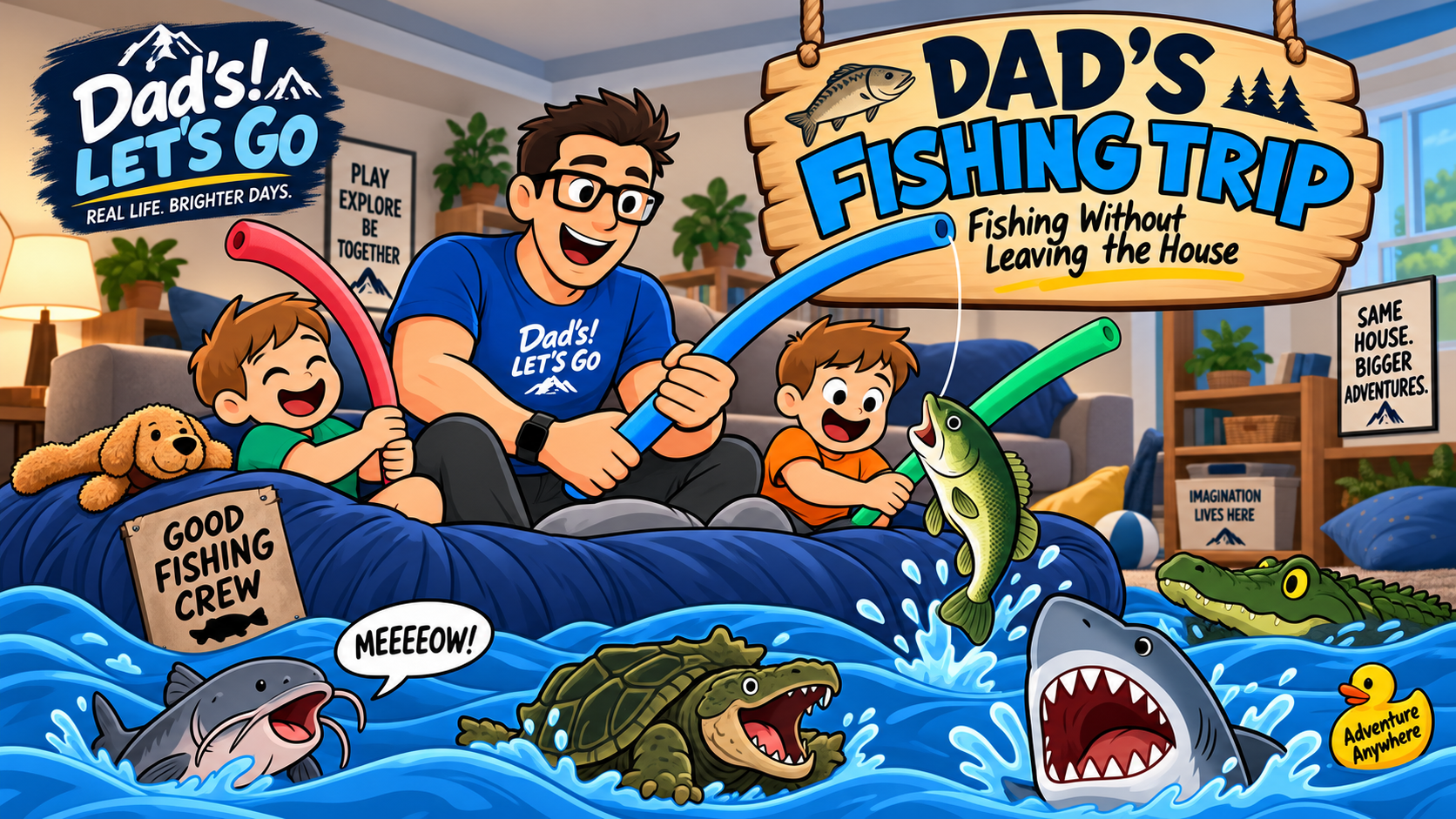 Let’s Go Dad and two boys pretend to fish from a crash-pad boat with pool noodles as a bass, meowing catfish, snapping turtle, shark and alligator turn the living room into an imaginary fishing adventure.