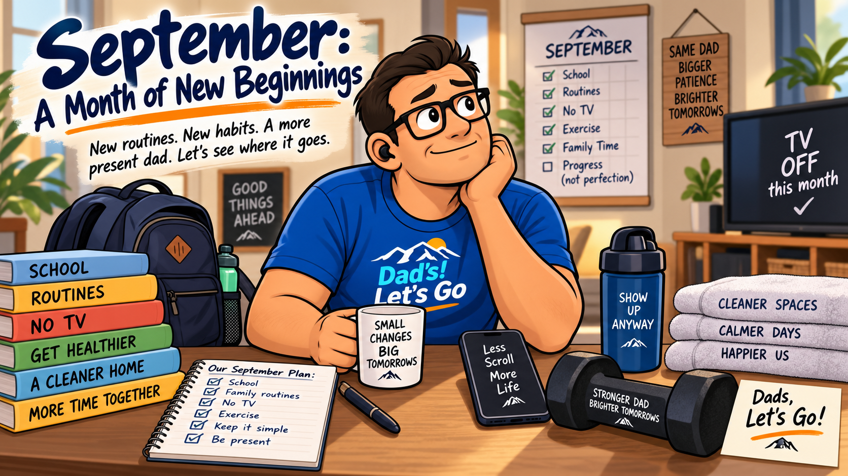 Illustration of the Let’s Go Dad surrounded by school gear, exercise equipment and household routines during a September family reset.