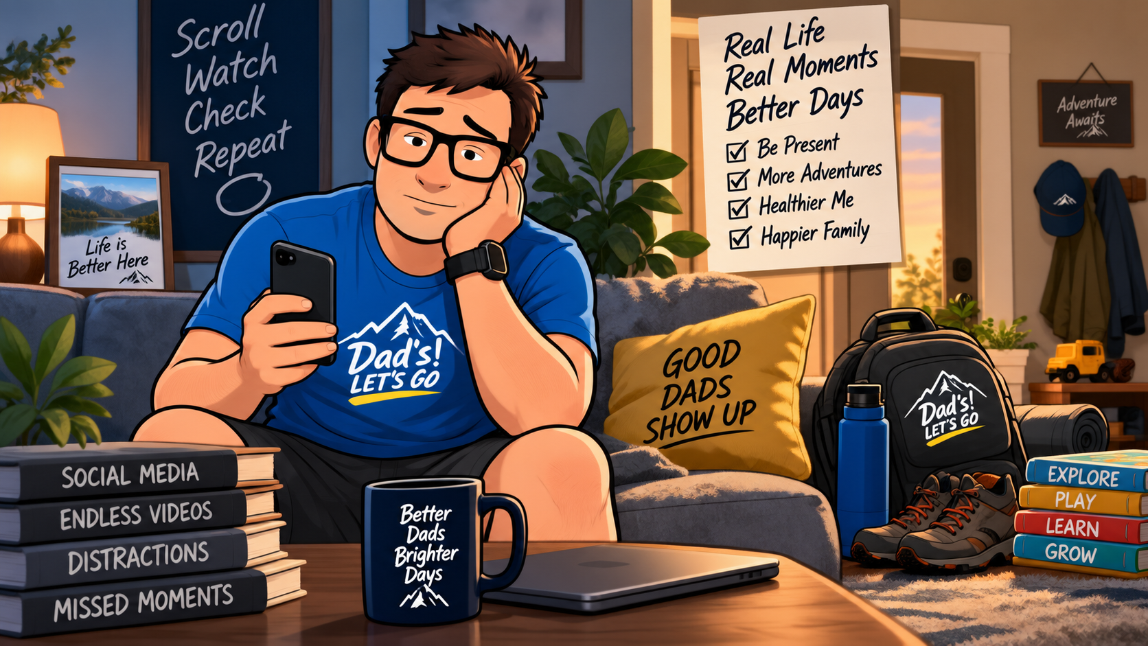 Illustration of Let’s Go Dad sitting on a couch distracted by his phone, with reminders nearby to be present, pursue adventures, and spend meaningful time with family.