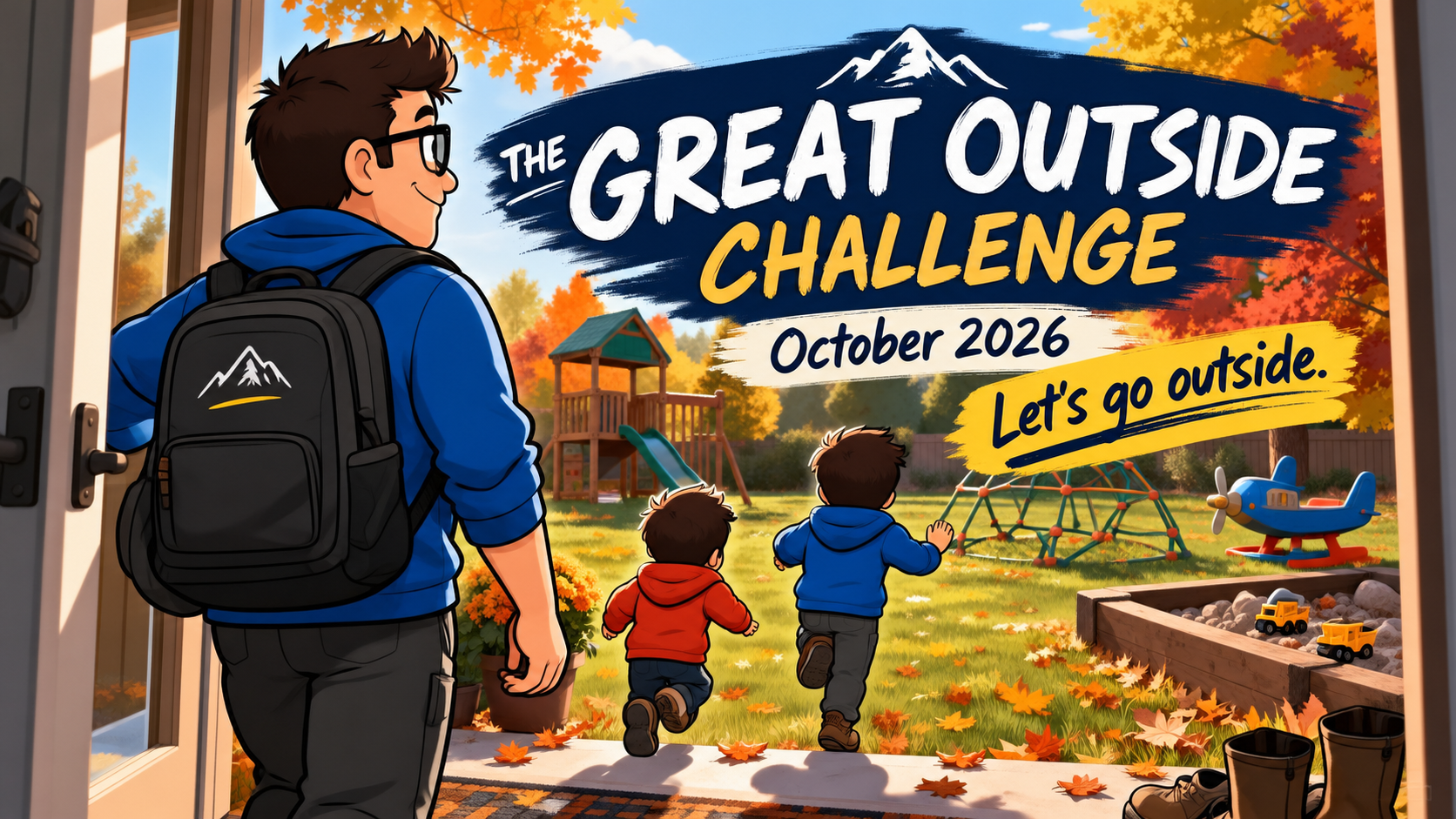 Dad and two young boys heading into a fall backyard for The Great Outside Challenge, October 2026.